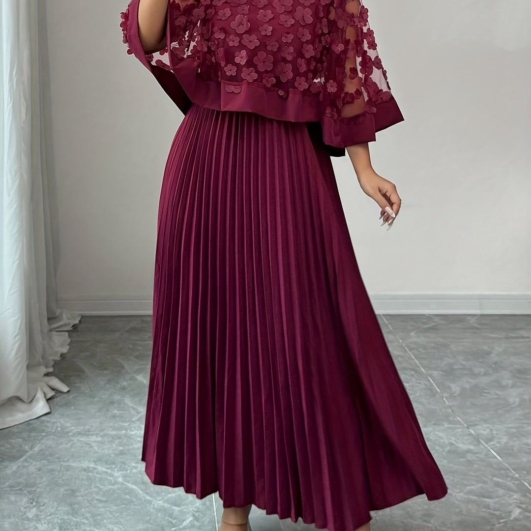 Elegant Floral Pleated Maxi Dress for Women with Round Neck Cape Sleeve Appliqué Flowing Formal Wedding Guest Style