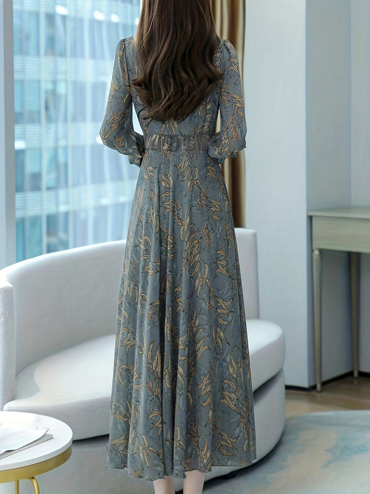 Elegant Sage Green Leaf Print Maxi Dress for Women with V Neck Long Sleeve Tie Waist Flowing Style