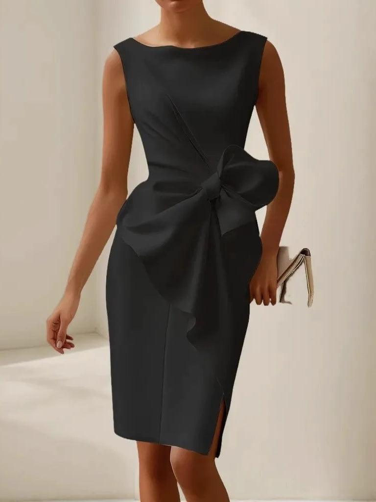 Elegant Satin Sheath Dress for Women with Boat Neck Sleeveless Bow Detail Side Slit Cocktail Style