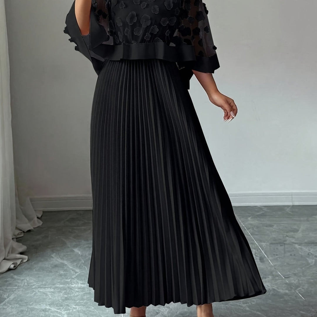 Elegant Floral Pleated Maxi Dress for Women with Round Neck Cape Sleeve Appliqué Flowing Formal Wedding Guest Style