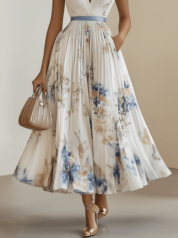Elegant White Tie Dye Midi Dress for Women with V Neck Sleeveless Pleated Wedding Guest Style