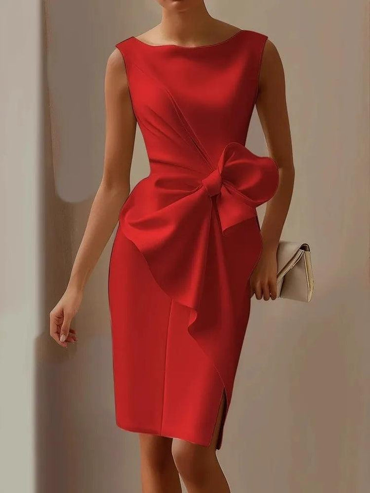 Elegant Satin Sheath Dress for Women with Boat Neck Sleeveless Bow Detail Side Slit Cocktail Style