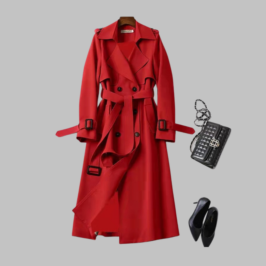 Elegant Trench Coat for Women with Notched Lapel Long Sleeve Double Breasted Belted Flowing Style