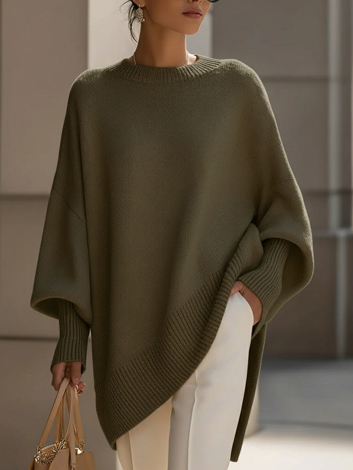 Comfortable Knit Poncho Sweater for Women with Crew Neck Batwing Sleeve Oversized Asymmetric Style