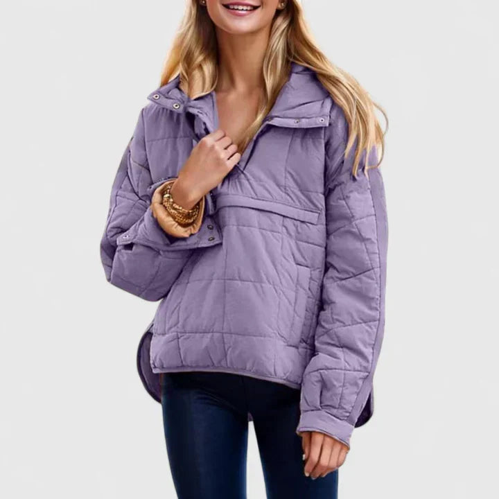 Comfortable Quilted Puffer Jacket for Women with Hooded Snap Front Long Sleeve High Low Hem Casual Style