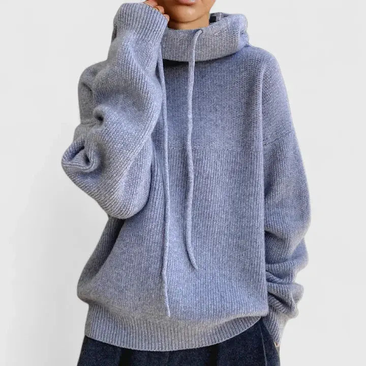 Comfortable Knit Hooded Sweater for Women with Cowl Neck Long Sleeve Drawstring Oversized Style