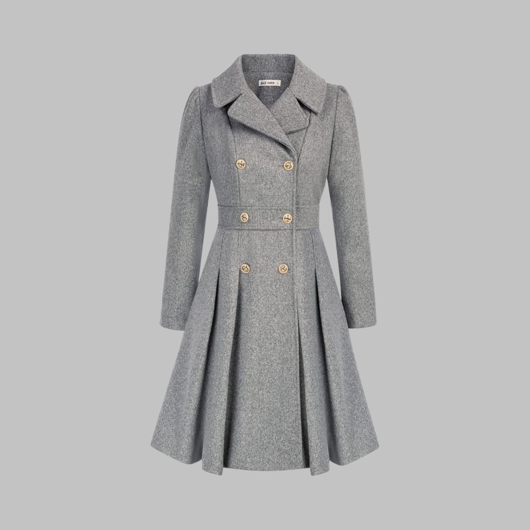 Elegant Wool Blend Pea Coat for Women with Notched Lapel Long Sleeve Double Breasted Pleated Fit and Flare Style