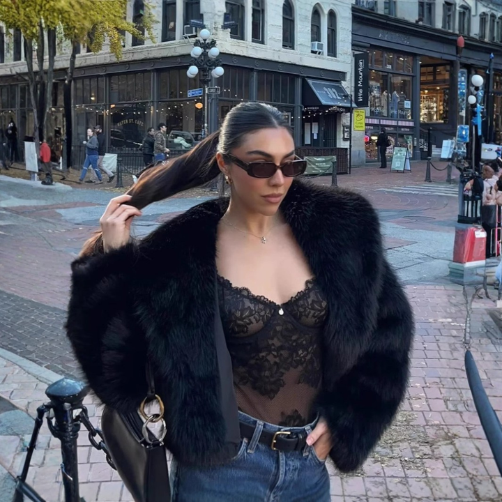Elegant Faux Fur Jacket for Women with Shawl Collar Long Sleeve Oversized Cropped Relaxed Style