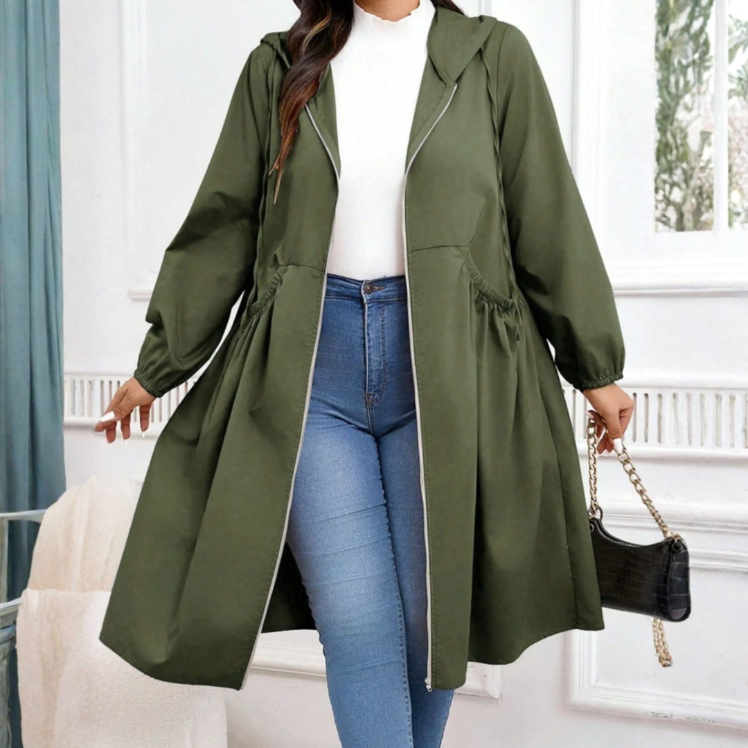 Effortless Plus Size Trench Coat for Women with Hooded Long Sleeve Drawstring Waist Zip Front Relaxed Style