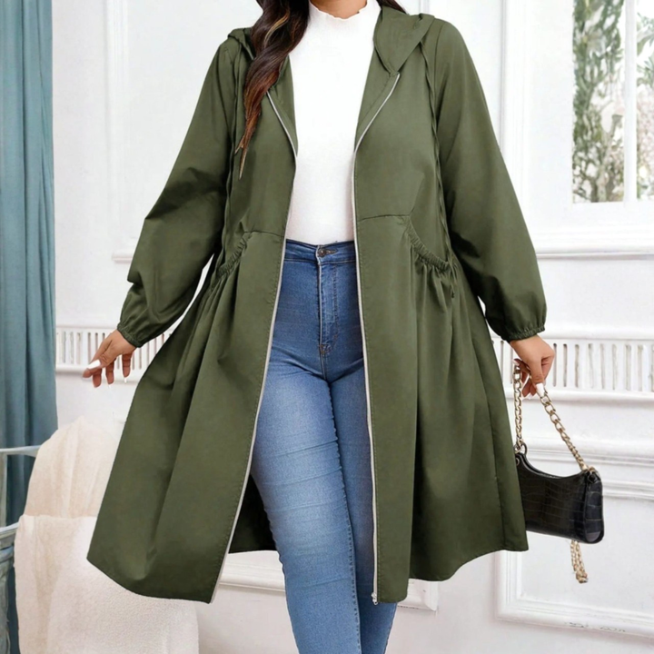 Effortless Plus Size Trench Coat for Women with Hooded Long Sleeve Drawstring Waist Zip Front Relaxed Style