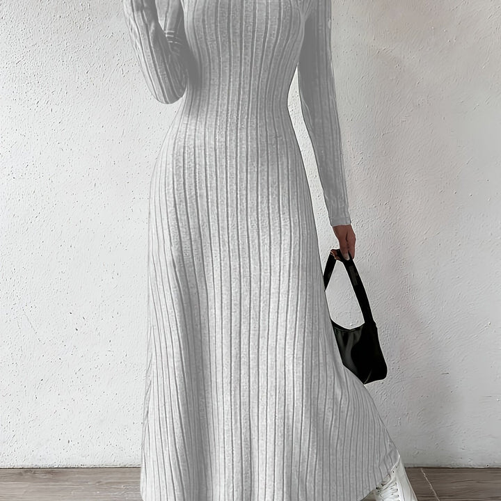 Elegant Ribbed Knit Maxi Dress for Women with V Neck Long Sleeve Fitted Flowing Style