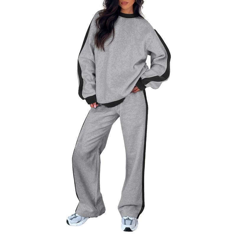 Effortless Wide Leg Set for Women with Round Neck Long Sleeve Contrast Stripe Relaxed Two Piece Style
