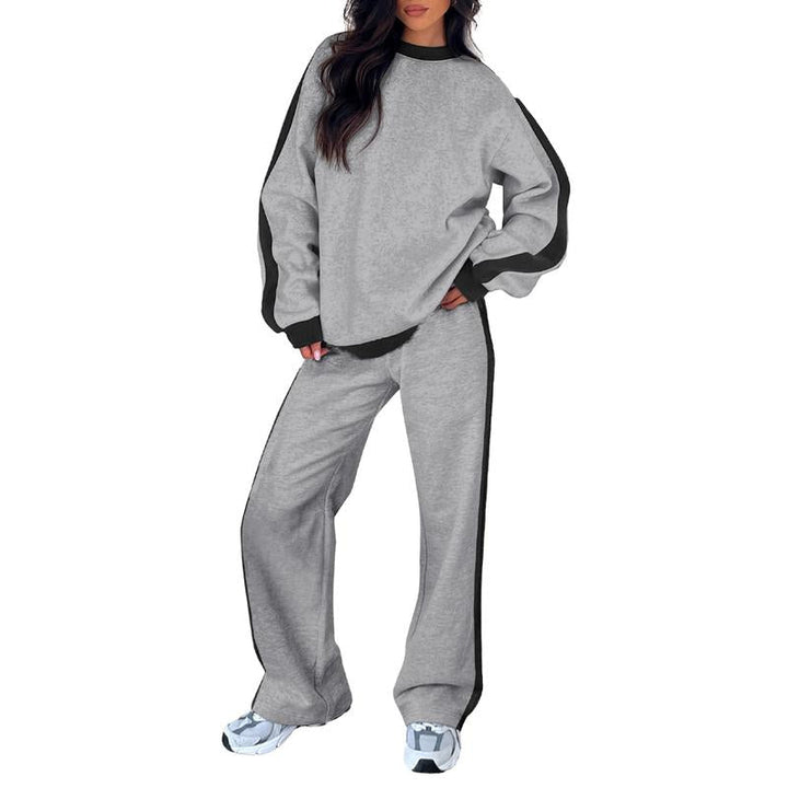 Effortless Wide Leg Set for Women with Round Neck Long Sleeve Contrast Stripe Relaxed Two Piece Style