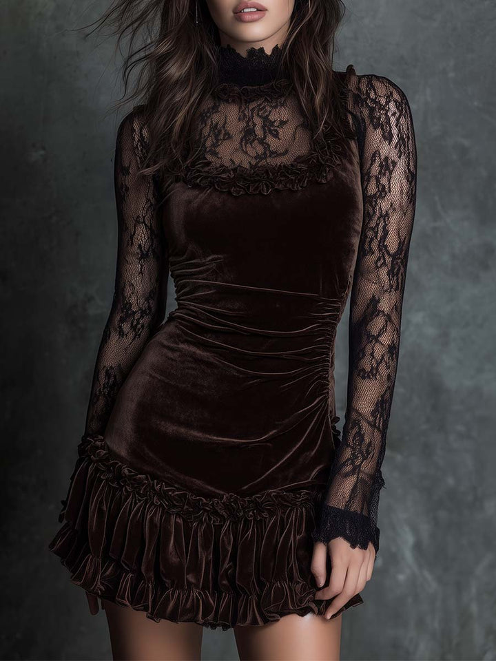 Elegant Chocolate Velvet Mini Dress for Women with High Neck Lace Long Sleeve Ruched Bodycon Cocktail Style