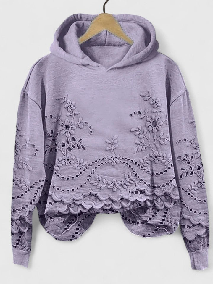 Effortless Floral Eyelet Hoodie for Women with Long Sleeve Scalloped Hem Cropped Casual Style