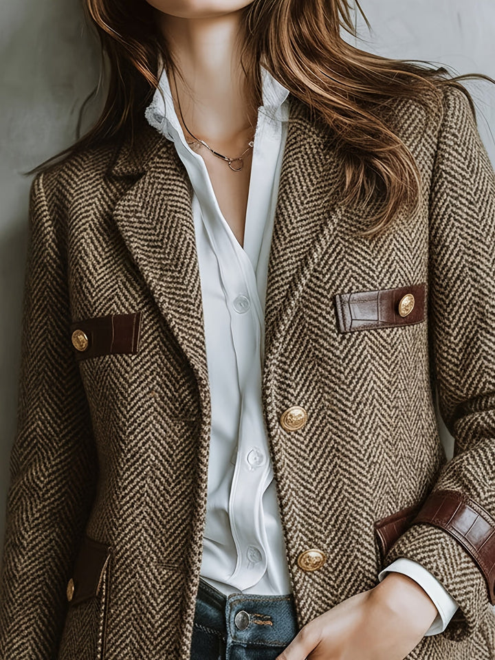 Elegant Khaki Herringbone Tweed Blazer for Women with Lapel Collar Long Sleeve Leather Trim Gold Button Style