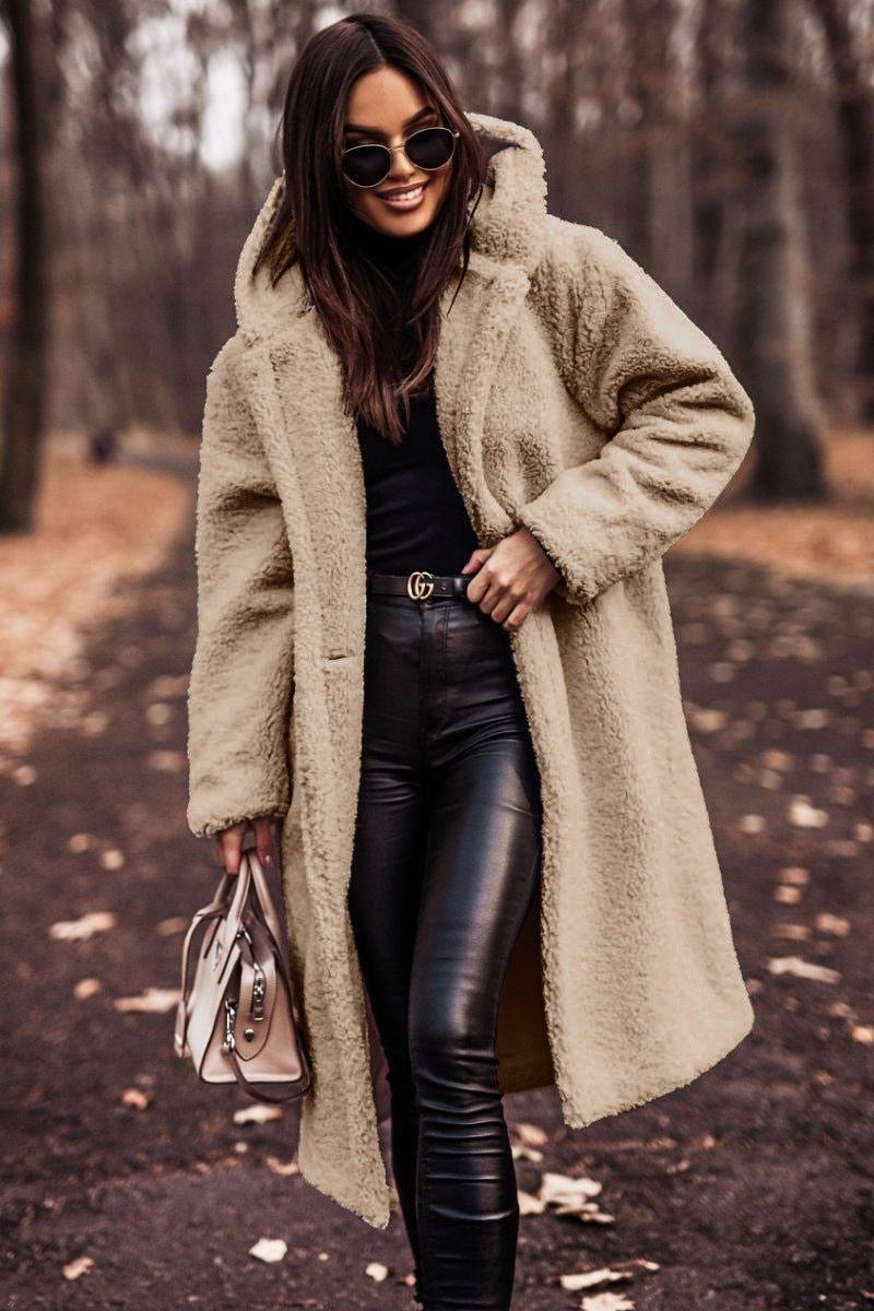 Effortless Shearling Coat for Women with Hooded Collar Long Sleeve Oversized Longline Style