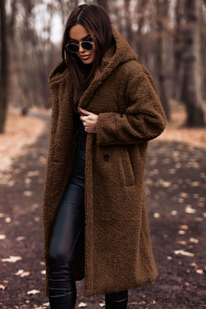 Effortless Shearling Coat for Women with Hooded Collar Long Sleeve Oversized Longline Style