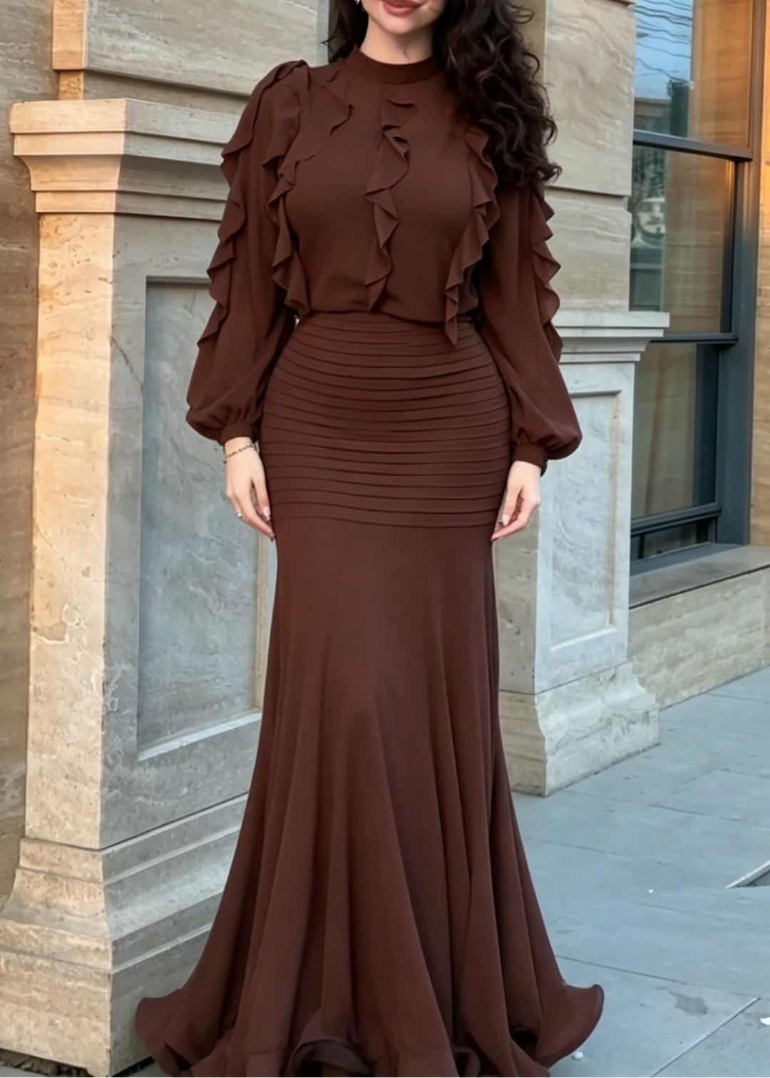 Elegant Brown Ruffle Maxi Dress for Women with Mock Neck Balloon Sleeve Mermaid Flowing Style