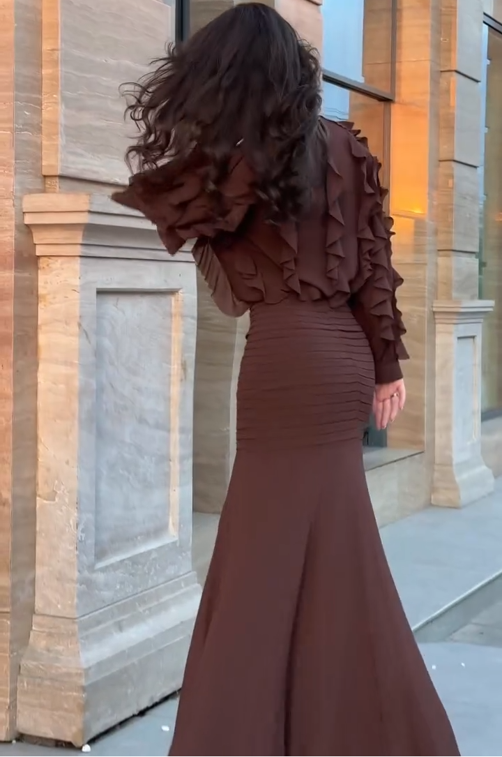 Elegant Brown Ruffle Maxi Dress for Women with Mock Neck Balloon Sleeve Mermaid Flowing Style