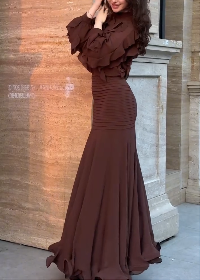 Elegant Brown Ruffle Maxi Dress for Women with Mock Neck Balloon Sleeve Mermaid Flowing Style