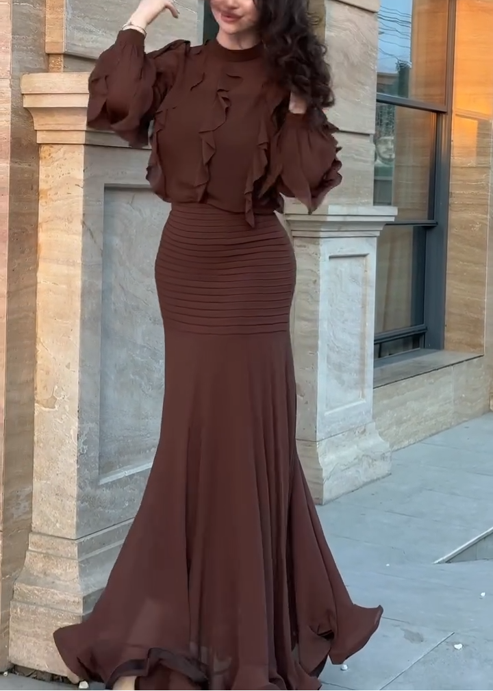 Elegant Brown Ruffle Maxi Dress for Women with Mock Neck Balloon Sleeve Mermaid Flowing Style