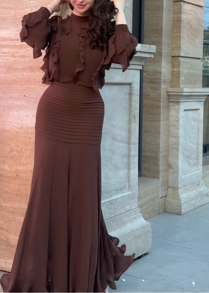 Elegant Brown Ruffle Maxi Dress for Women with Mock Neck Balloon Sleeve Mermaid Flowing Style