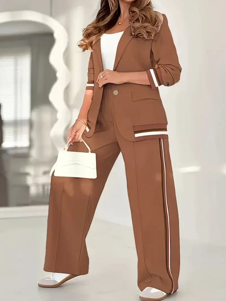 Elegant Striped Two Piece Set for Women with Notch Lapel Blazer Wide Leg Pant Formal Style