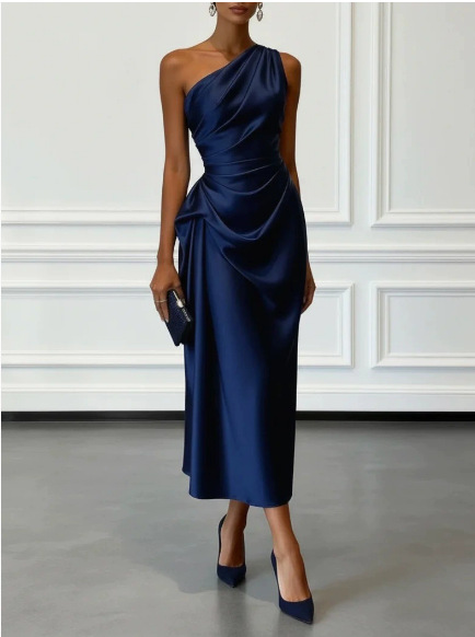 Elegant Satin Midi Dress for Women with One Shoulder Ruched Draped Sheath Formal Style