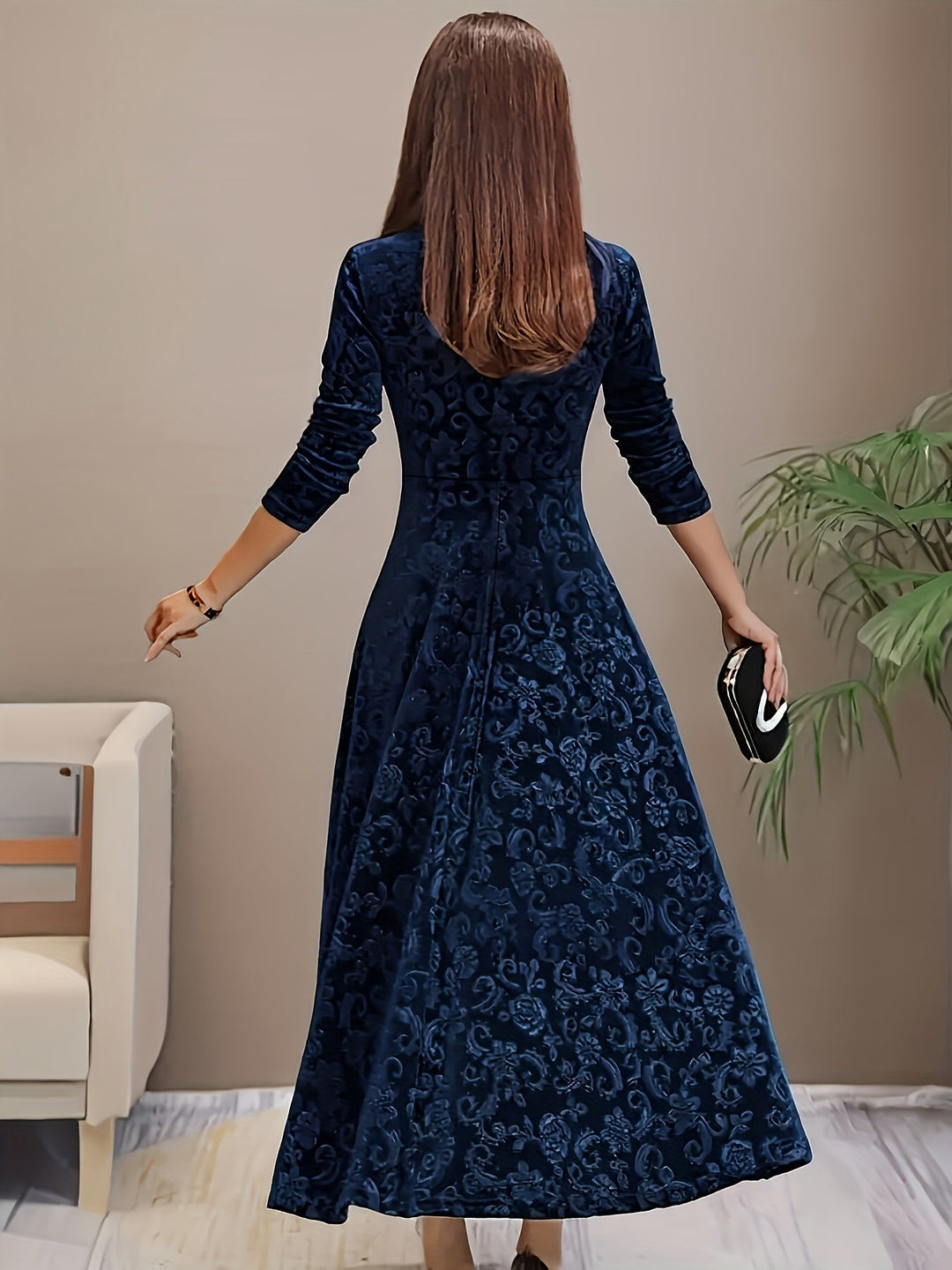 Elegant Velvet Floral Maxi Dress for Women with Square Neck Elbow Sleeve A Line Flowing Style
