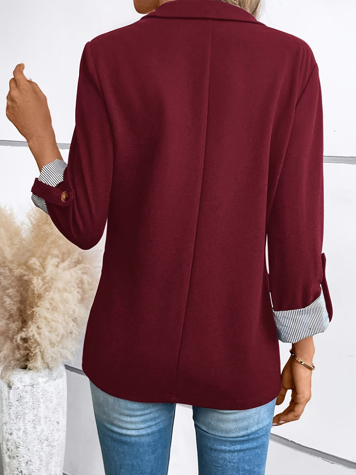 Effortless Blazer for Women with Lapel Collar Long Sleeve Striped Cuff Open Front Casual Style