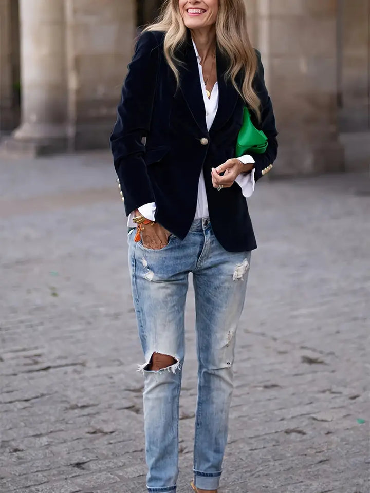 Elegant Velvet Blazer for Women with Lapel Collar Long Sleeve Single Button Tailored Formal Style