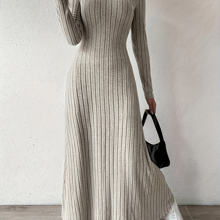 Elegant Ribbed Knit Maxi Dress for Women with V Neck Long Sleeve Fitted Flowing Style