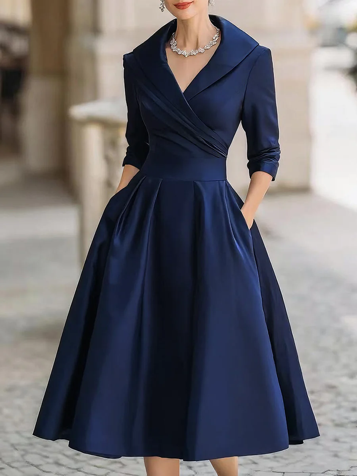 Elegant Satin Midi Dress for Women with Shawl Collar Elbow Sleeve Pleated A Line Cocktail Style