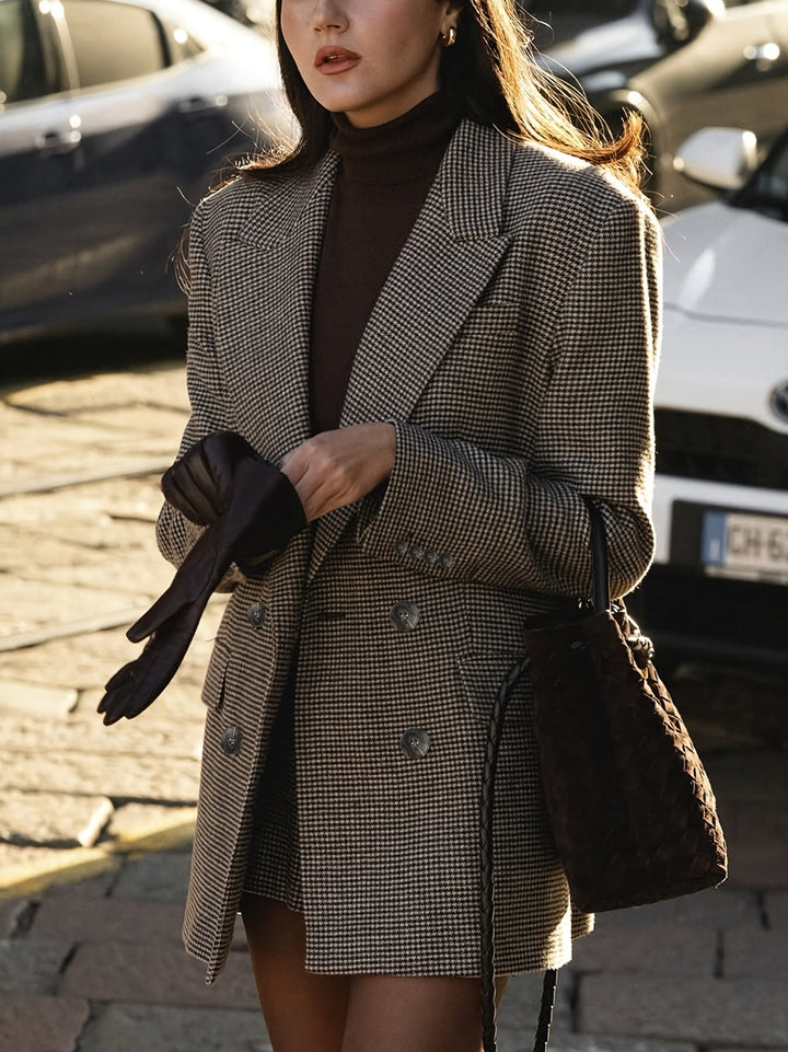 Elegant Coffee Brown Houndstooth Two Piece Set for Women with Double Breasted Lapel Blazer High Waist Shorts Formal Style
