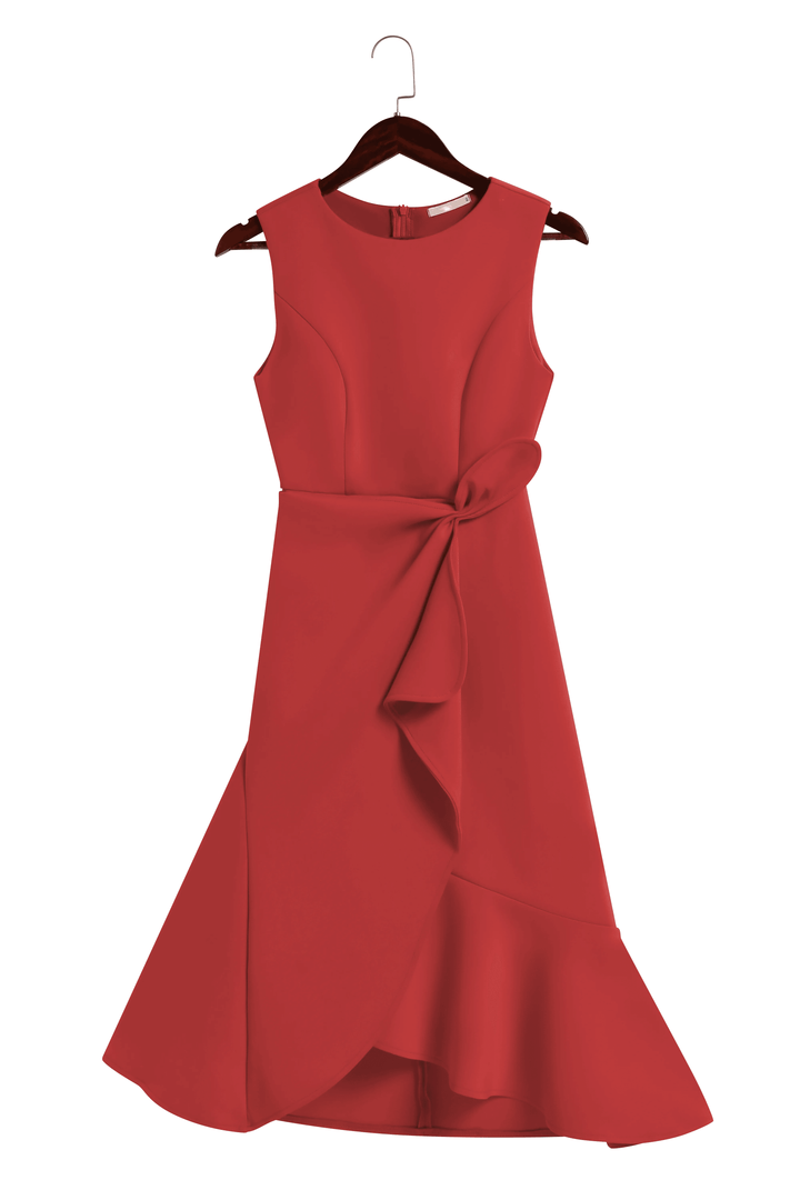 Elegant Draped Midi Dress for Women with Boat Neck Sleeveless Asymmetric Ruffle Hem Cocktail Style