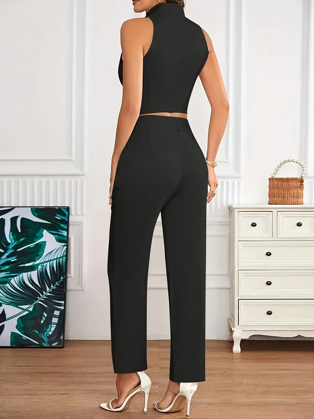 Elegant Two Piece Set for Women with Stand Collar Button Front Vest Tapered Pant Formal Style