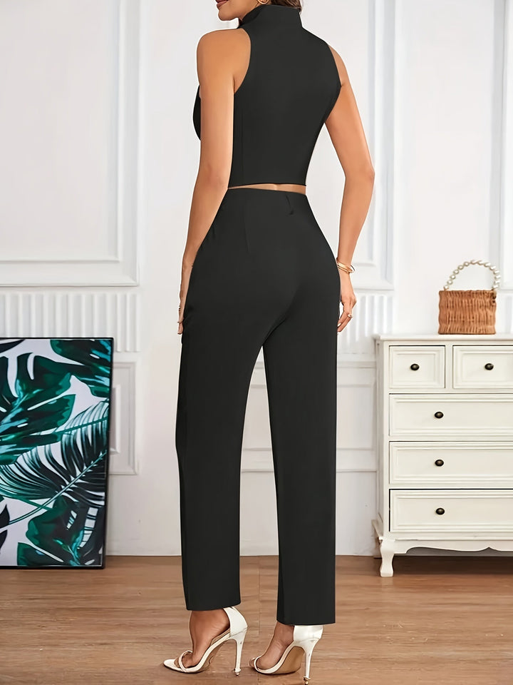 Elegant Two Piece Set for Women with Stand Collar Button Front Vest Tapered Pant Formal Style