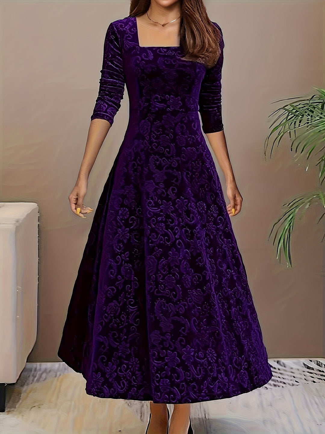 Elegant Velvet Floral Maxi Dress for Women with Square Neck Elbow Sleeve A Line Flowing Style