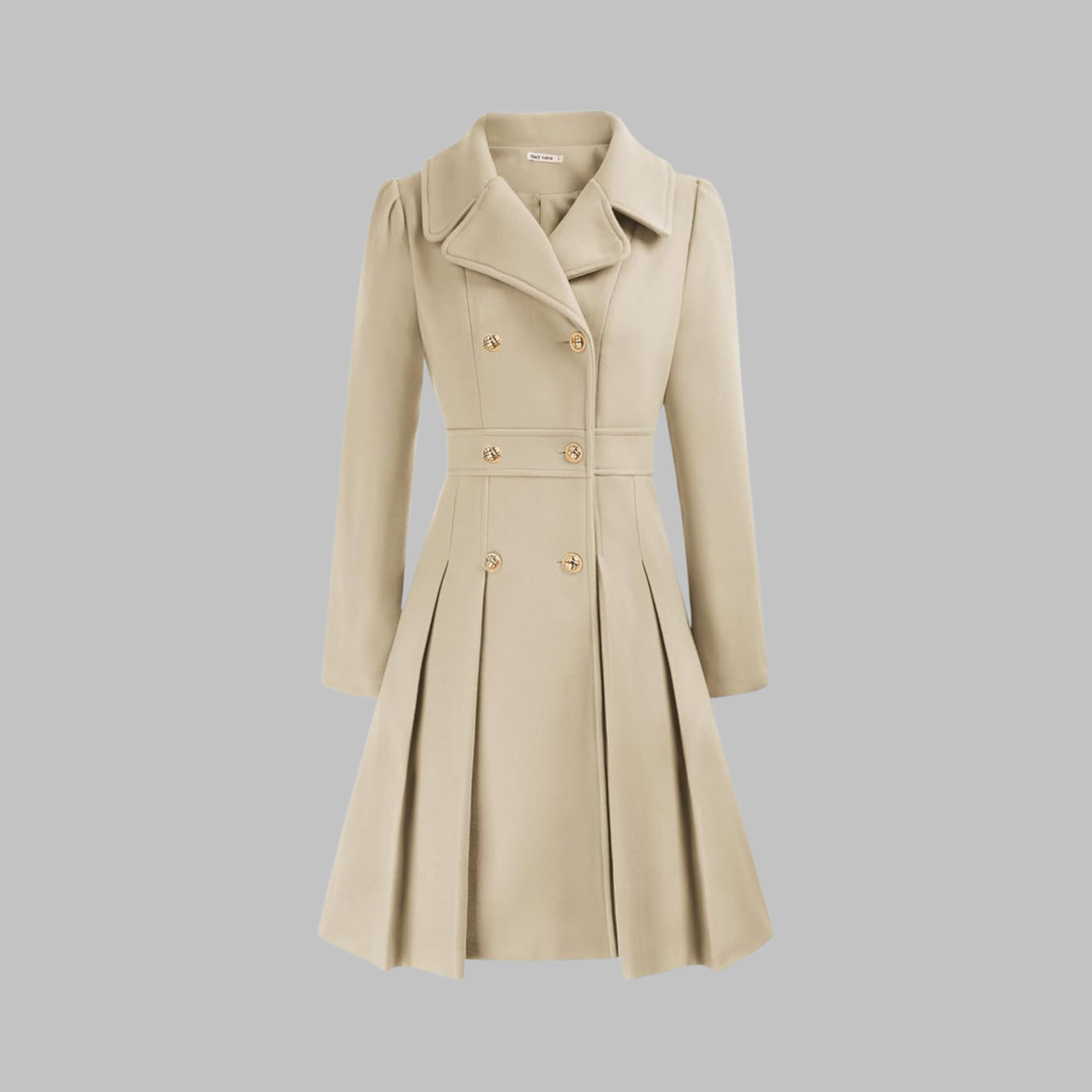 Elegant Wool Blend Pea Coat for Women with Notched Lapel Long Sleeve Double Breasted Pleated Fit and Flare Style
