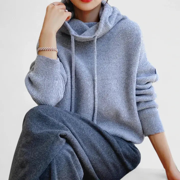 Comfortable Knit Hooded Sweater for Women with Cowl Neck Long Sleeve Drawstring Oversized Style
