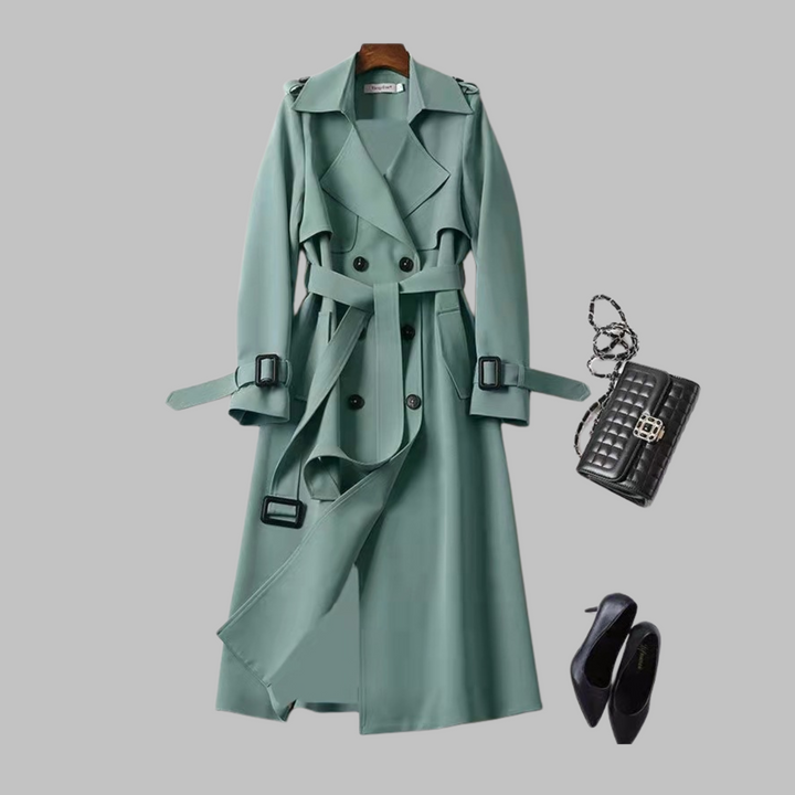 Elegant Trench Coat for Women with Notched Lapel Long Sleeve Double Breasted Belted Flowing Style