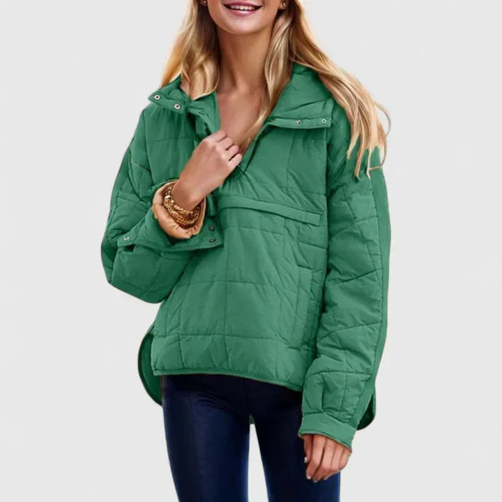 Comfortable Quilted Puffer Jacket for Women with Hooded Snap Front Long Sleeve High Low Hem Casual Style