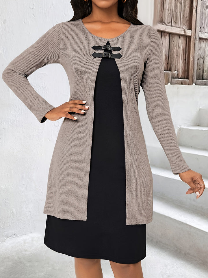 Comfortable Ribbed Knit Sweater Dress for Women with Round Neck Long Sleeve Buckle Detail Layered Style
