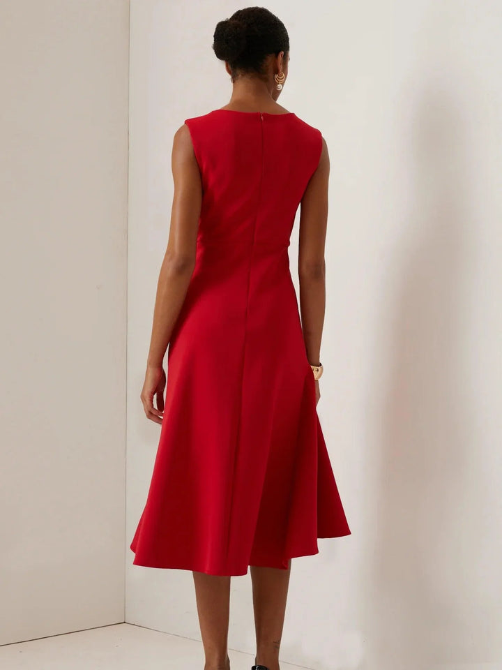 Elegant Draped Midi Dress for Women with Boat Neck Sleeveless Asymmetric Ruffle Hem Cocktail Style
