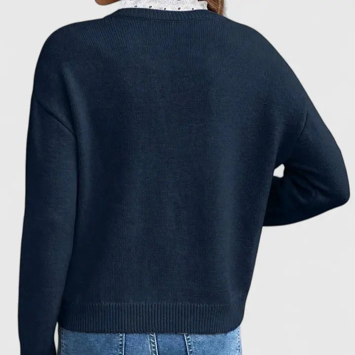 Comfortable Lace Trim Sweater for Women with V Neck Long Sleeve Relaxed Oversized Knit Style