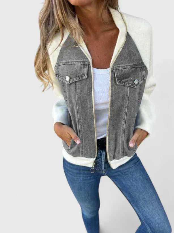 Effortless Denim Bomber Jacket for Women with Zip Front Long Sleeve Colorblock Casual Style