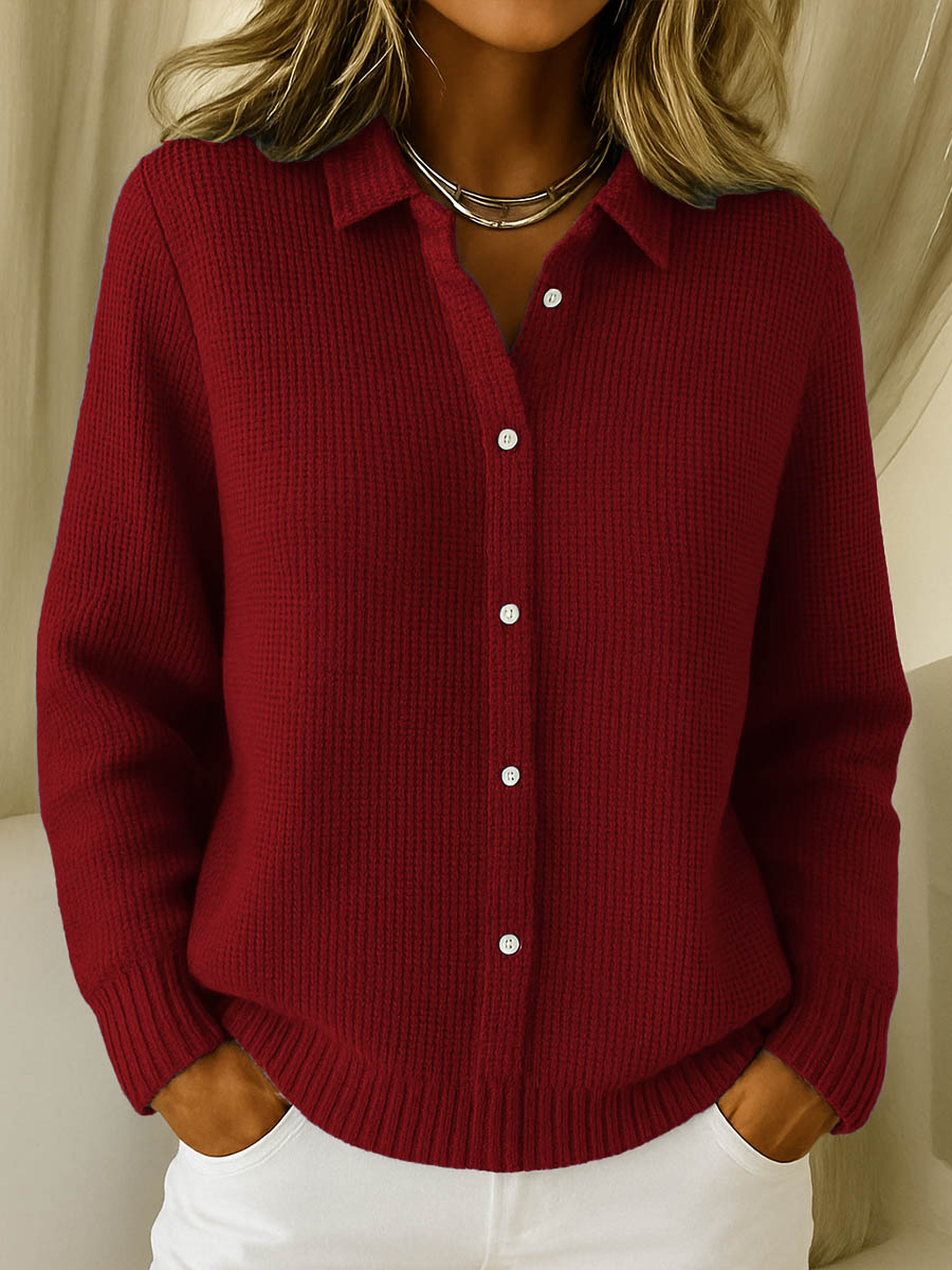 Comfortable Waffle Knit Blouse for Women with Collar Long Sleeve Button Front Relaxed Style