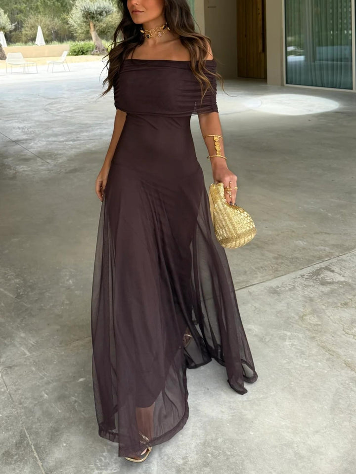Elegant Mesh Maxi Dress for Women with Off Shoulder Short Sleeve Ruched Flowing Style