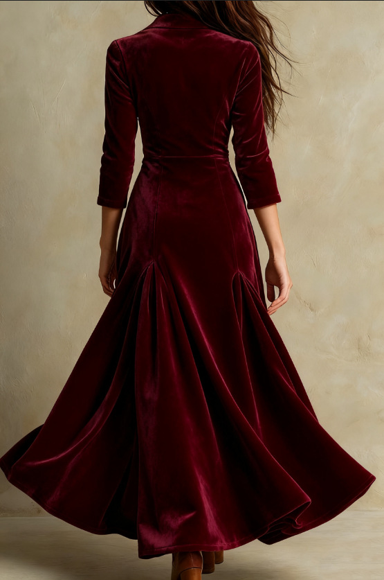 Elegant Velvet Maxi Dress for Women with Notch Collar Elbow Sleeve Button Front Flared Vintage Style